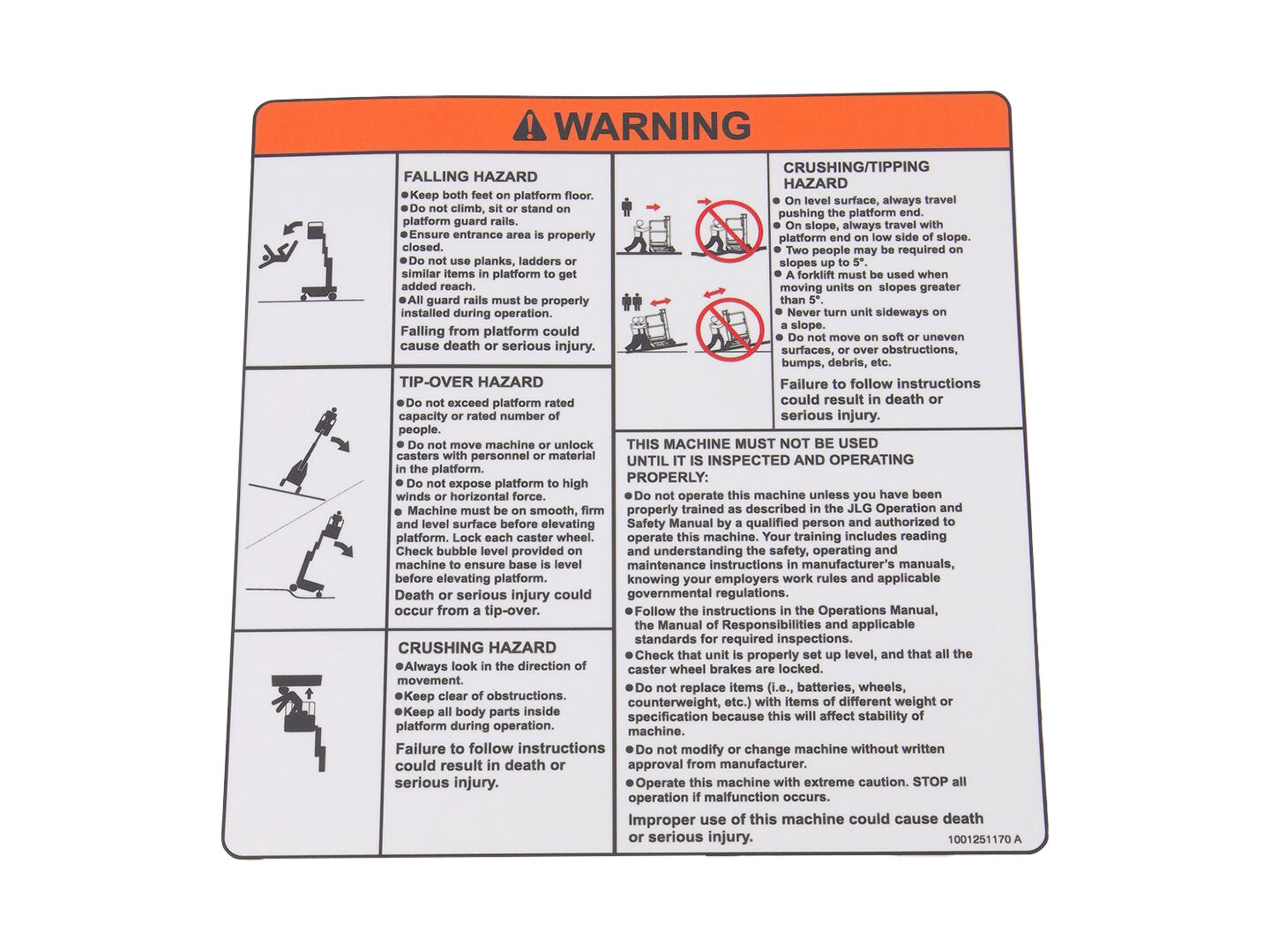 JLG Part # 1001251170 – Warning Decal