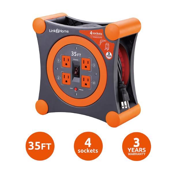 Link2home Durable 35 Ft Extension Cord Reel W/ 4-Power Outlet And 14 Awg Sjtw Cable