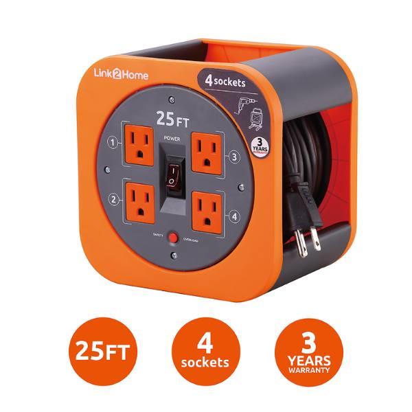 Link2home Durable 25 Ft Extension Cord Reel W/ 4-Power Outlet And 16 Awg Sjt Cable