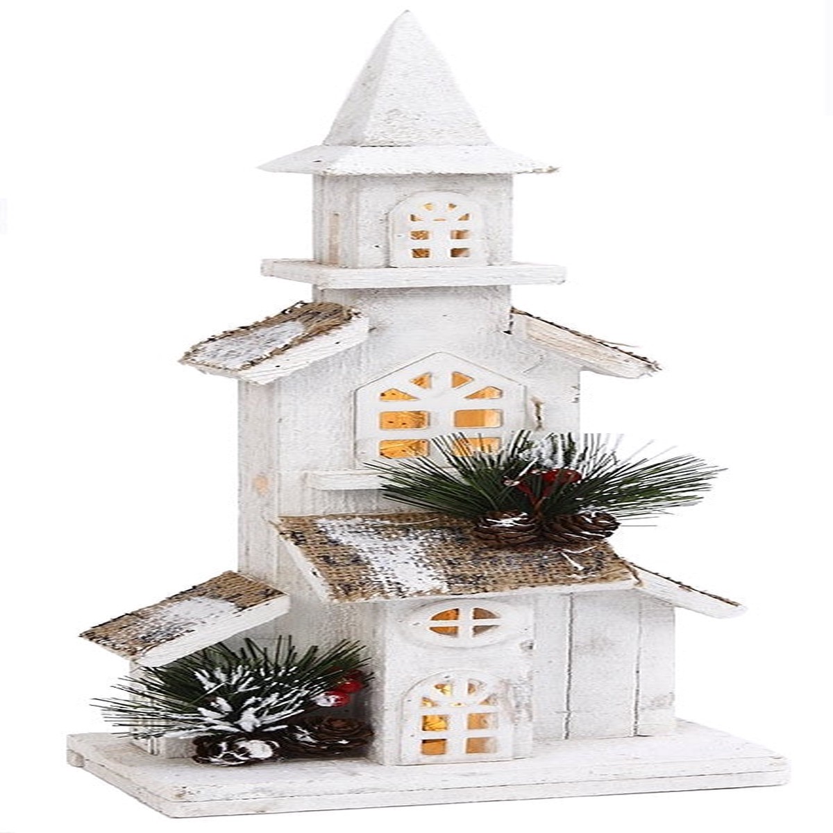 19.6" White Pine & Berry Wood Battery-Operated LED Church Dcor with Timer