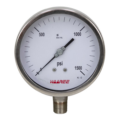 1500 PSI Pressure 5" Dia. Dry (Liquid Fillable) Lower Mount 1/2" NPT Stainless Steel Gauge Waaree