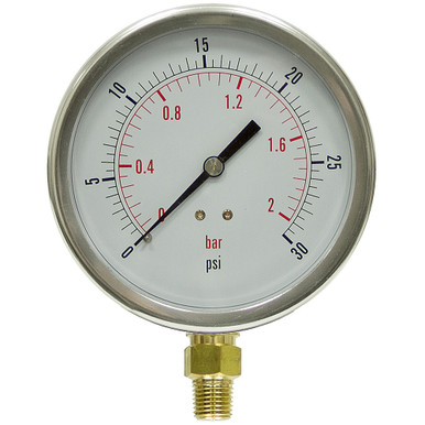 30 PSI 2 BAR Pressure 4" Dia. Liquid Filled Lower Mount 1/4" NPT Stainless Steel Gauge Dynamic PDLC-2P-002-A