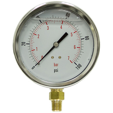 100 PSI Pressure 4" Dia. Liquid Filled Lower Mount 1/4" NPT Stainless Steel Pressure Gauge Dynamic PDLC-2P-007-A