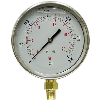 300 PSI 20 BAR Pressure 4" Dia. Liquid Filled Lower Mount 1/4" NPT Stainless Steel Gauge Dynamic PDLC-2P-020-A