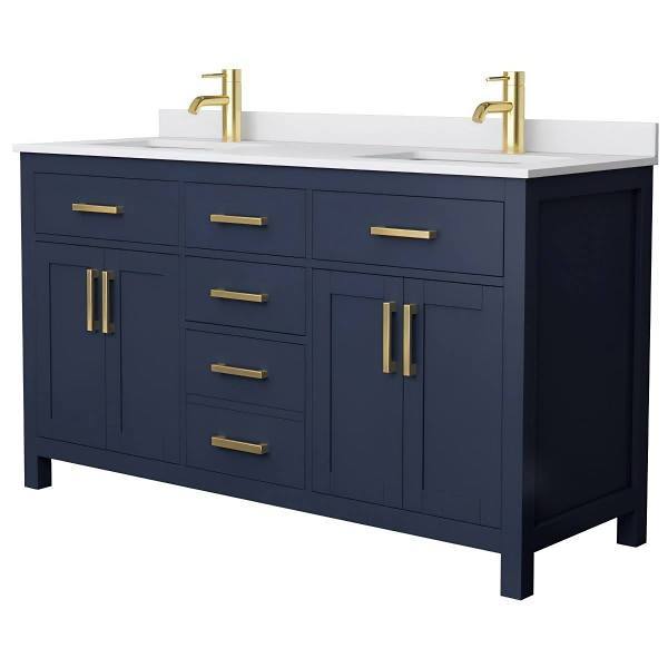 Wyndham Beckett 60" Dark Blue Double Vanity, White Marble Top