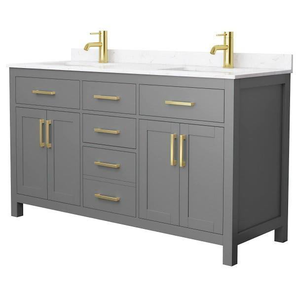 Wyndham Beckett 60" Dark Gray Double Vanity, Carrara Marble Top, Gold Trim