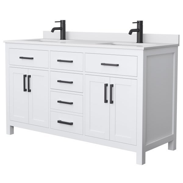 Wyndham Beckett 60" White Double Vanity, White Marble Top, Black Trim