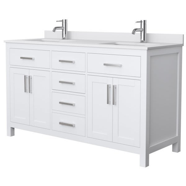 Wyndham Beckett 60" White Double Vanity, White Marble Top