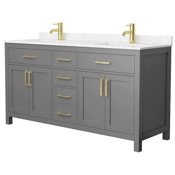 Wyndham Beckett 66" Dark Gray Double Vanity, Carrara Marble Top, Gold Trim