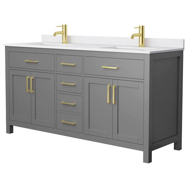 Wyndham Beckett 66" Dark Gray Double Vanity, White Marble Top, Gold Trim