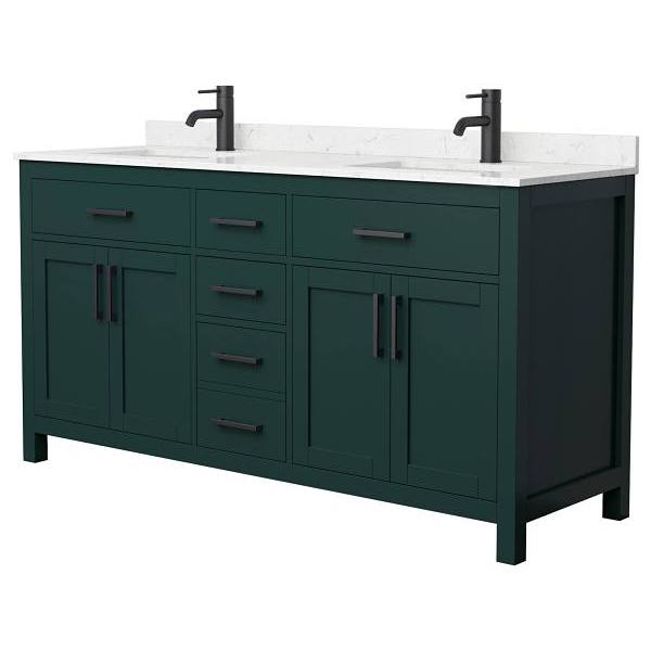 Wyndham Beckett 66" Green Double Vanity, Carrara Marble Top, Black Trim