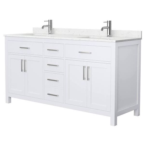 Wyndham Beckett 66" White Double Vanity, Carrara Marble Top