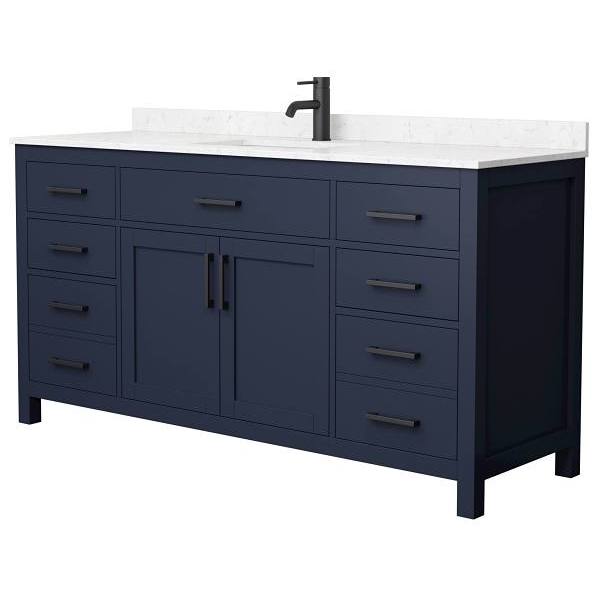 Wyndham Beckett 66" Dark Blue Single Vanity, Carrara Marble Top, Black Trim