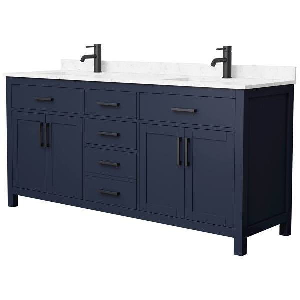 Wyndham Beckett 72" Dark Blue Double Vanity, Carrara Marble Top, Black Trim