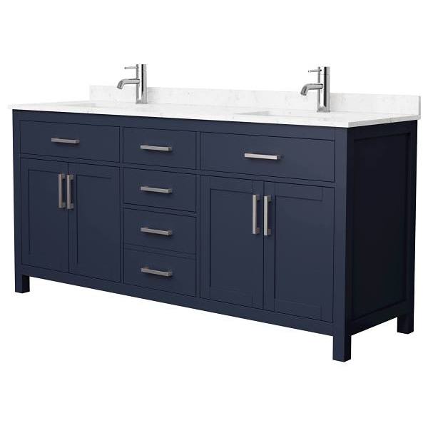 Wyndham Beckett 72" Dark Blue Double Vanity, Carrara Marble Top, Nickel Trim