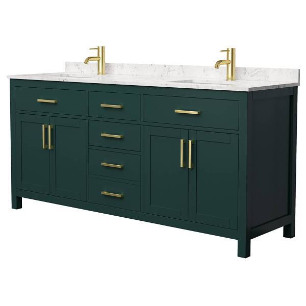 Wyndham Beckett 72" Green Double Vanity, Carrara Marble Top, Gold Trim