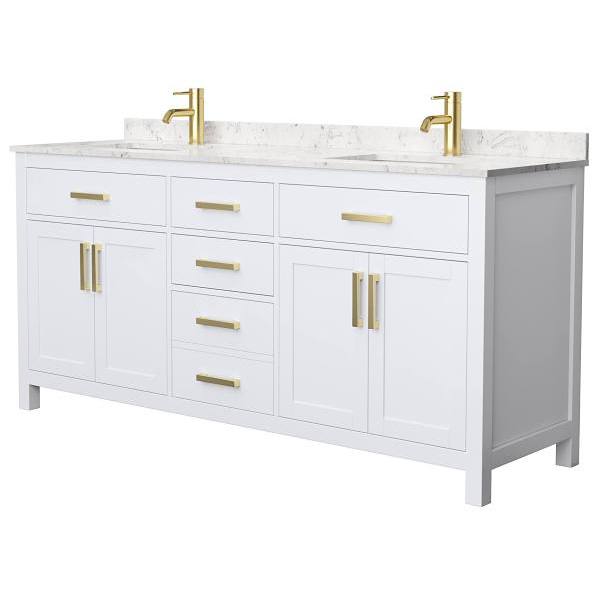 Wyndham Beckett 72" White Double Vanity, Carrara Marble Top, Gold Trim