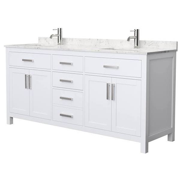 Wyndham Beckett 72" White Double Vanity, Carrara Marble Top
