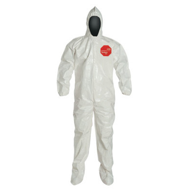 DuPont Tychem SL Coveralls attacheD/Socks, XL, Hood/Boots, Elastic Wrists, Zip, 12/CA, #SL122BWHXL001200