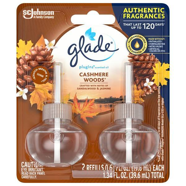Glade Scented Oil Plug-In Air Freshener Refill, Cashmere Woods, Case Of 6