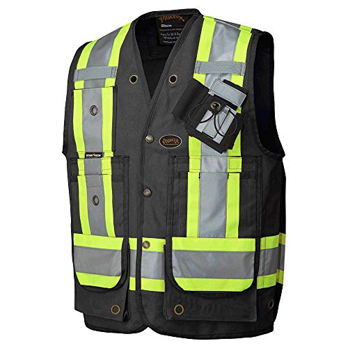Pioneer Construction Reflective Surveyor Vest, 10 Pockets, Harness D-Ring Slot, Black, V1010670