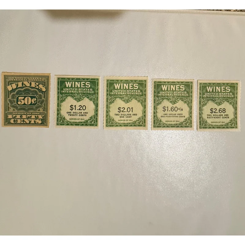 5 US Stamps Revenue Wine Stamps #s RE45, RE196, RE199, RE200 Mint Never Hinged No Gum
