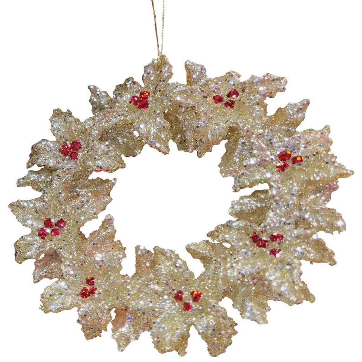 5" Vintage Gold Glitter Holly Wreath Ornament