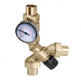 Caleffi 520516AC 3-Way 3/4" Press Union AngleMix Thermostatic Mixing Valve W/Gauge & Check Valve