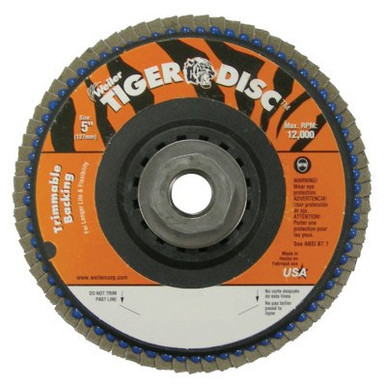 Weiler Trimmable Tiger Flap Discs, 5 in, 40 Grit, 5/8 Arbor, 12,000 rpm, 10/BX, #50014