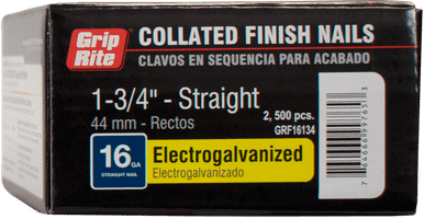 Grip Rite #GRF16134, 1-3/4" Collated Straight Finish Nails, 16 Gauge, Electrogalvanized, Smooth Shank, (2,500/Box)