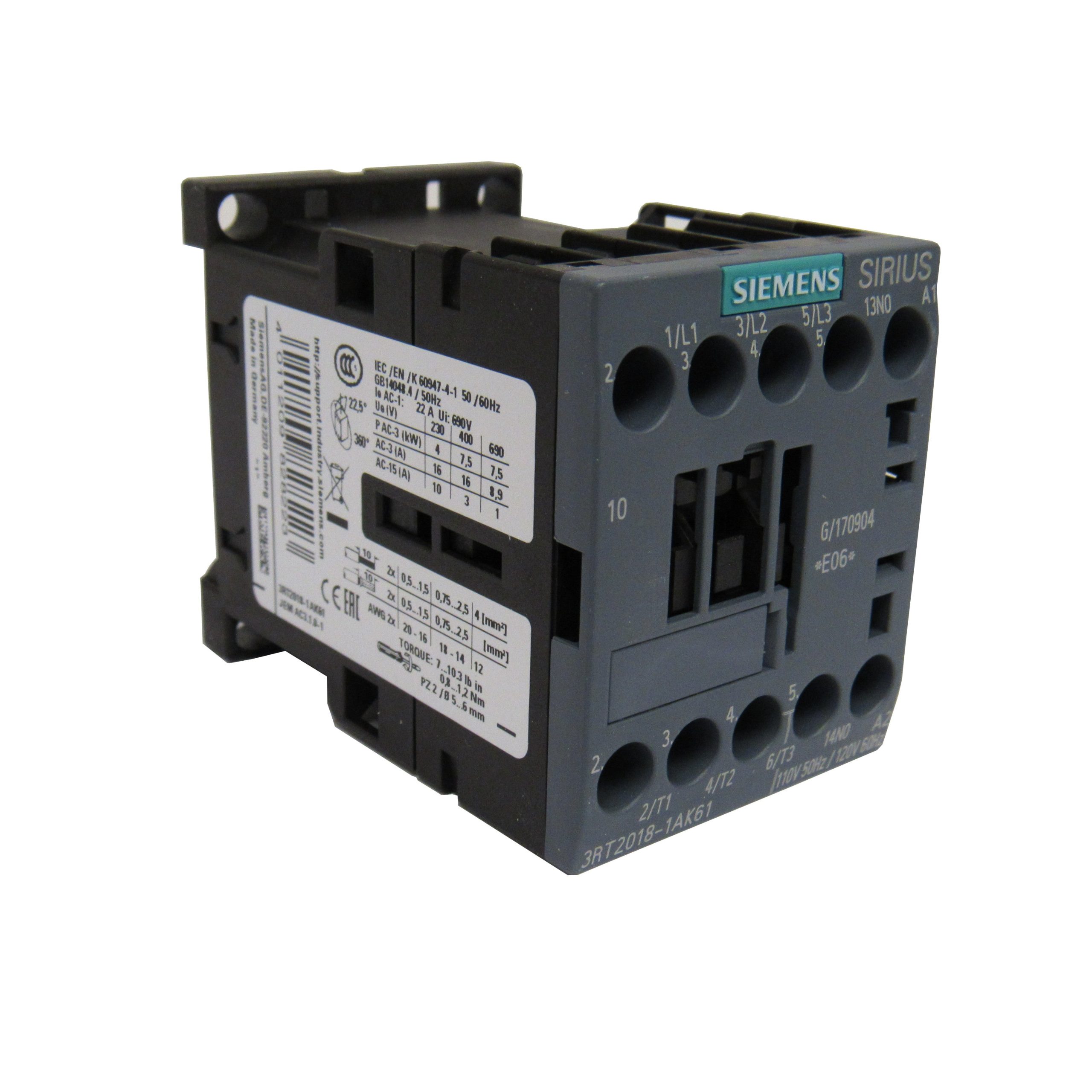 Siemens SIRIUS 3RT2018-1AK61 Contactor, 16 Amp, 3-Pole, 120VAC