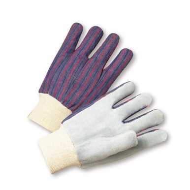 Men's Knit WristClute Leather Palm Glove - Blue/Red stripe fabric back 100