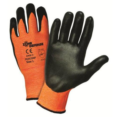 14 gauge. Orange HPPE/High Performance Yarn/Nylon/Lycra Shell with Black Nitrile Palm Coat: EN388 4343, ANSI A2 Cut Level 703CONF/XXL