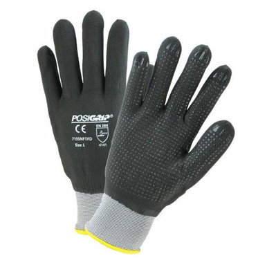 Black Micro Foam Nitrile, Fully Coated, Dotted Palm on Gray 15 Gauge Nylon Liner. Antibacterial & Silicone-Free. EN 4141 715SNFTFD/S