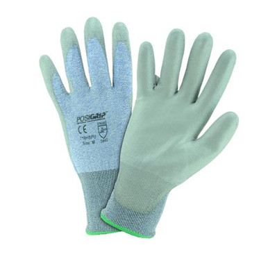 Gray Urethane coating on 18g blue speckle HPPE liner. EN388 3442, ANSI A2 Cut Level718HSPU/M