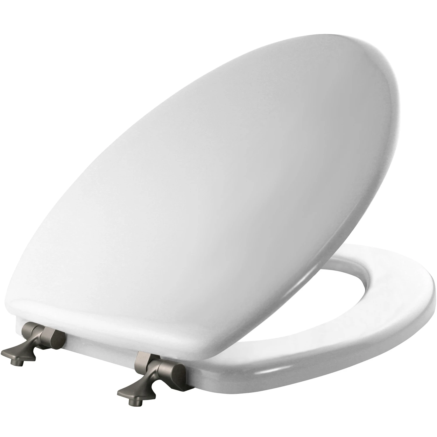 Elongated Molded Wood Toilet Seat, STA-TITE Brushed-Nickel Hinge, White