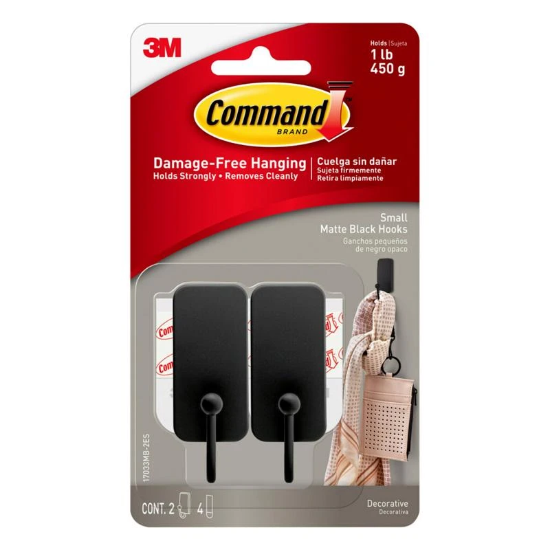 Small Matte Black Hooks, 2 Hooks/4 Strips