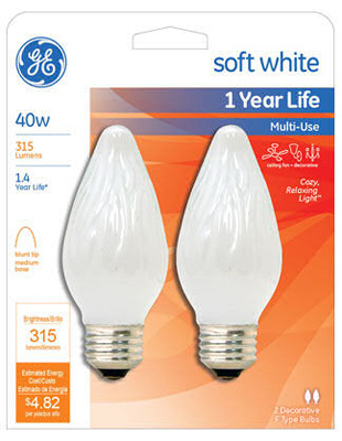Decorative Light Bulb, Flame Shape, White, 40 Watt, 2-Pk.