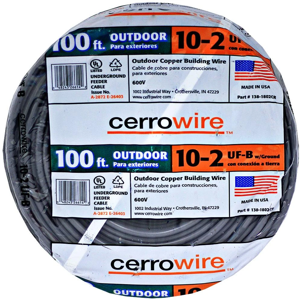 100 Ft. 10/2 Uf-b Underground Feeder Cable With Ground - Model 138-1802cr