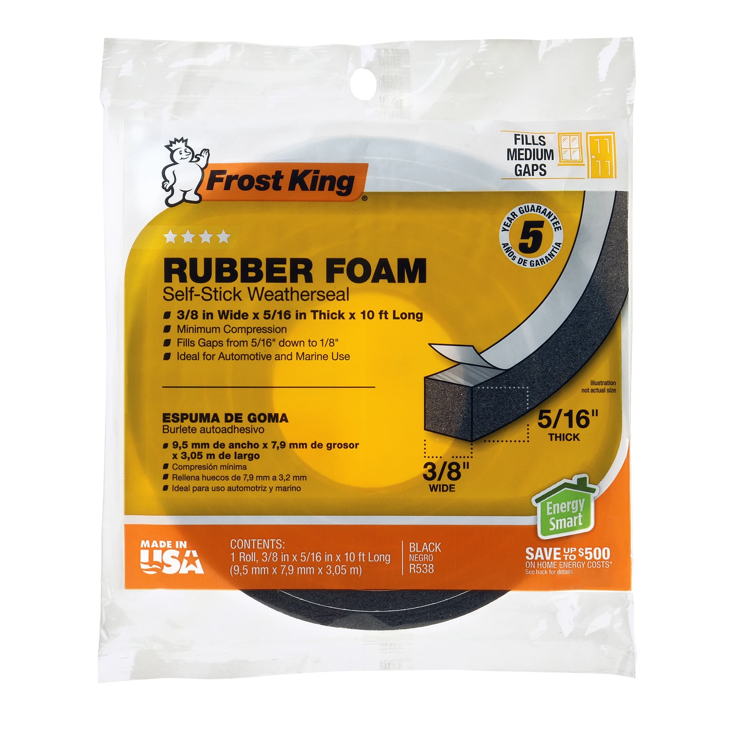 Rubber Foam Weatherseal Tape, 3/8W x 5/16 In. T x 10 Ft.