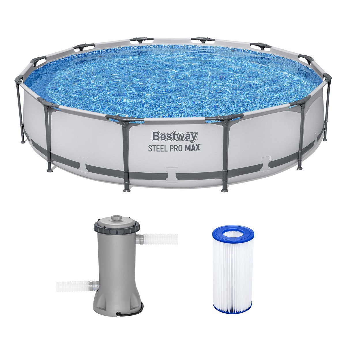 Bestway Steel Pro MAX 12 Foot by 30 Inch Above Ground Swimming Pool Set, Gray