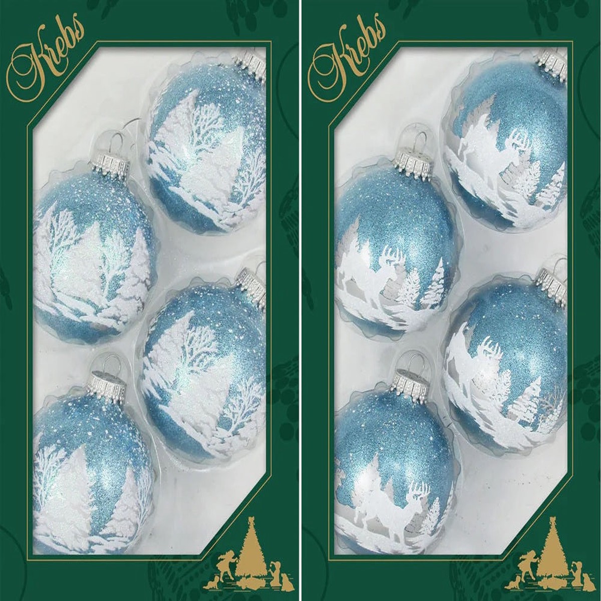 Set of 4 Light Blue Sparkle Deer Scene Ornaments