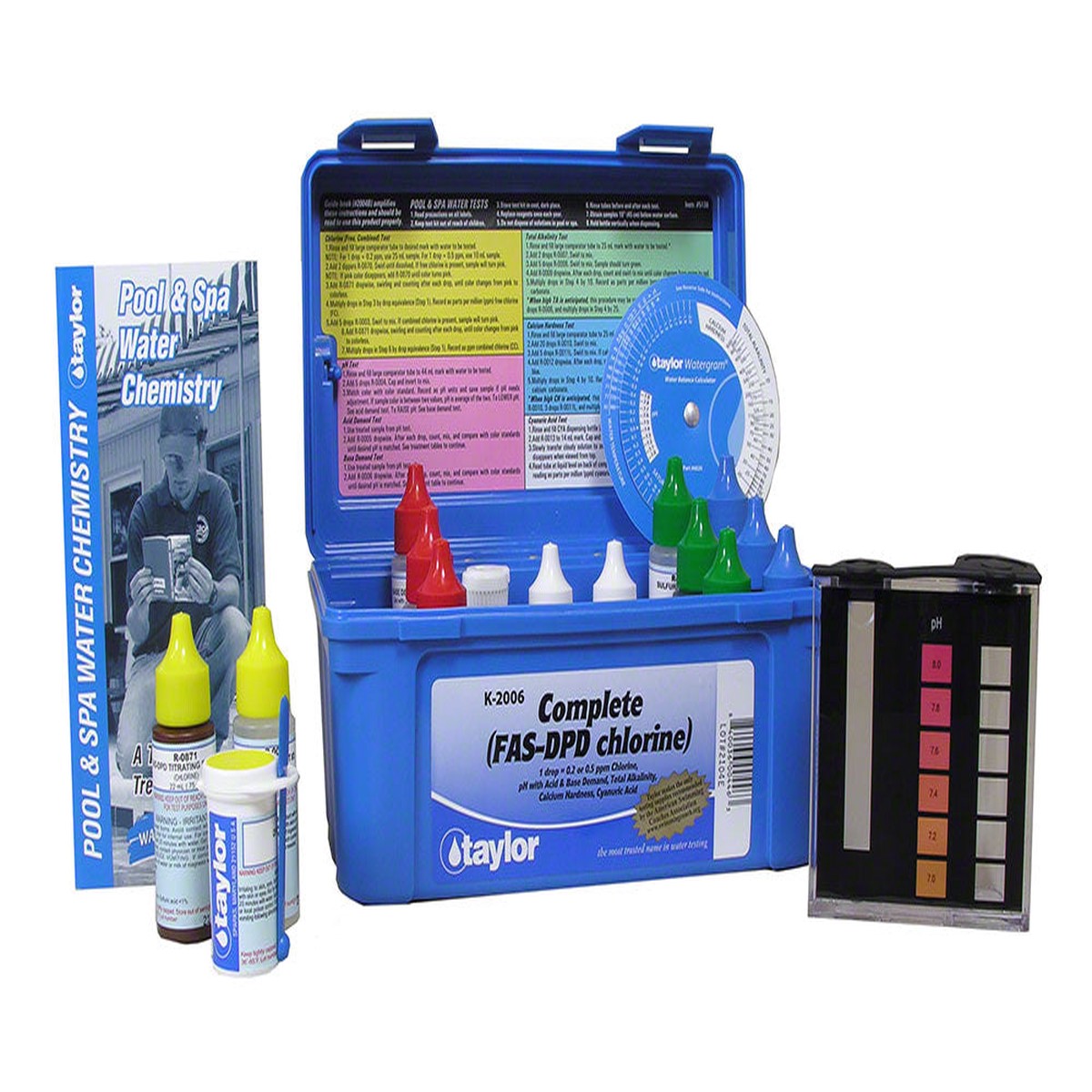 Taylor Complete FAS-DPD Chlorine, pH, Alkalinity, Hardness, CYA (FAS-DPD Hi-Range) Test Kit .75 Oz. - K-2006