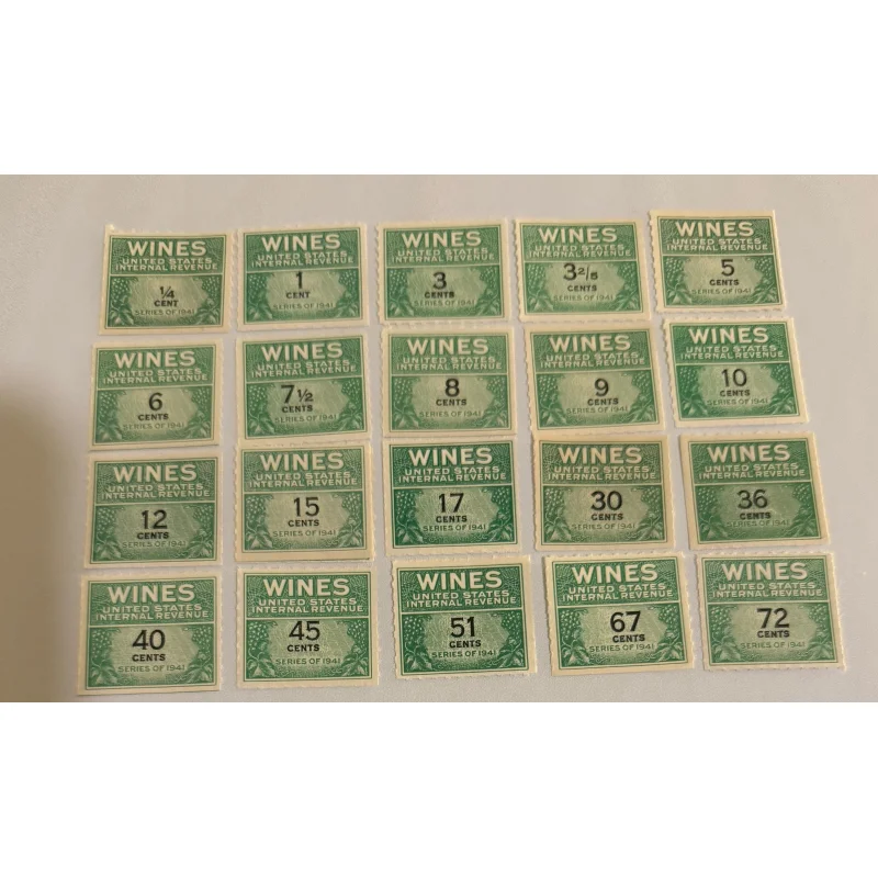 US Revenue Wine Stamps MNH #’s 109, 111, 113, 117, 118, 120, 121, 122, 123, 125, 127, 130, 133, 135, 136, 137, 141, 146, 183, 186, 191, 192